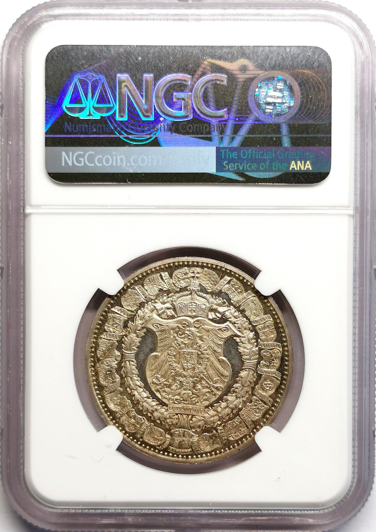 凡希社世界钱币微拍第二百七十期 1894德国帝国议会大厦落成纪念银章NGC-MS63，精美而富于质感的设计！