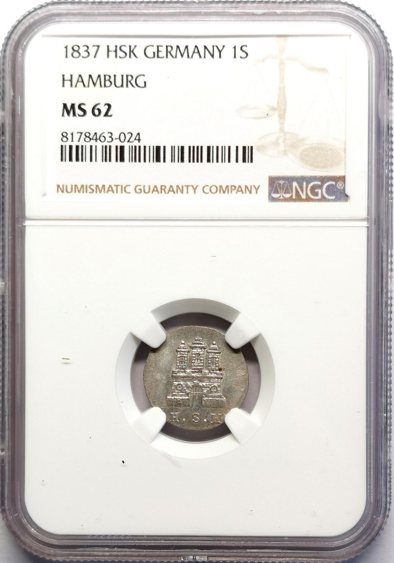 凡希社世界钱币微拍第二百七十期 1837德国汉堡1S银辅币NGC-MS62
