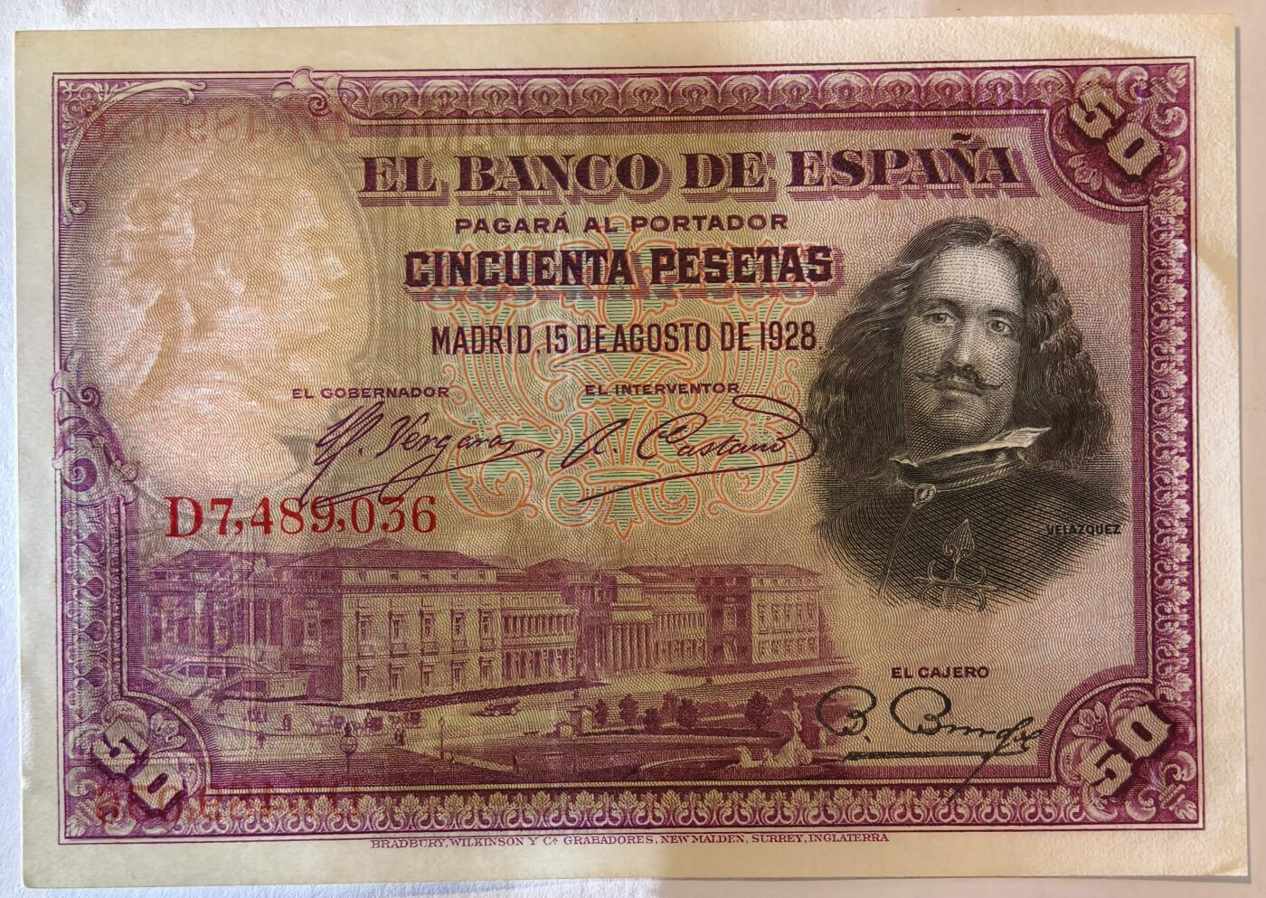 紫瑗钱币——第369期拍卖——纸币场 西班牙 1928年 油画《布雷达的献城》50比塞塔 UNC- 软折 (P-75b)