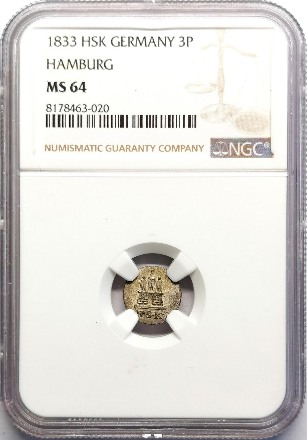 凡希社世界钱币微拍第二百七十期 1833德国汉堡3芬尼银辅币NGC-MS64