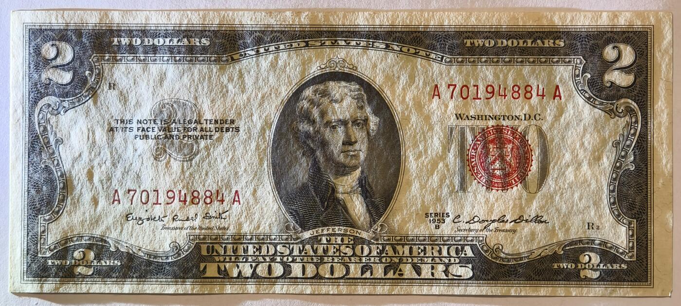 紫瑗钱币——第355期拍卖——纸币场 美国 1953年 B序列 托马斯·杰斐逊 2美元 红印 政府券 UNC