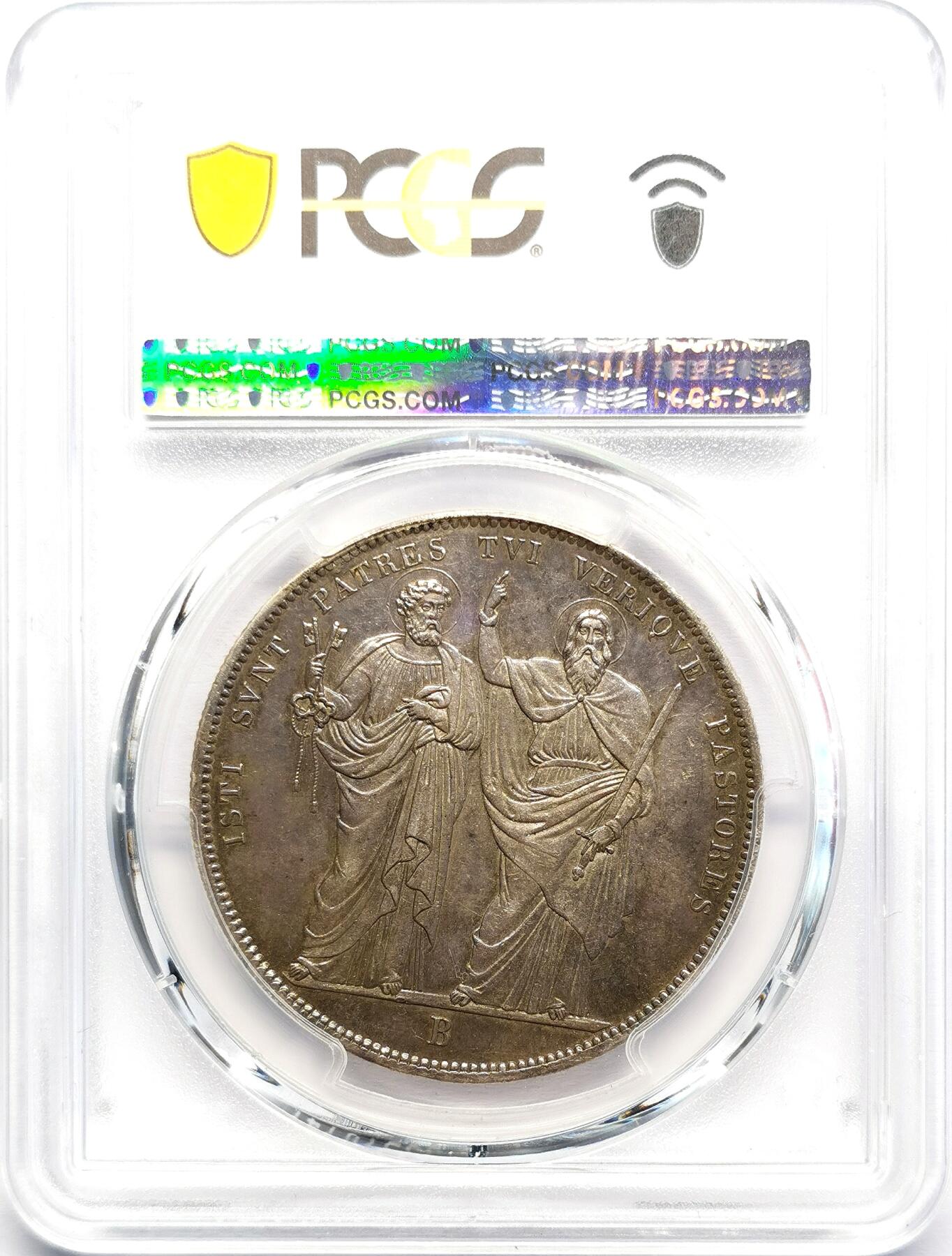 凡希社世界钱币微拍第二百七十期 荐！1830教皇国庇护八世背双圣SCUDO大银PCGS-AU58，边缘黑彩，人物神态传神，整体状态极佳的一枚！