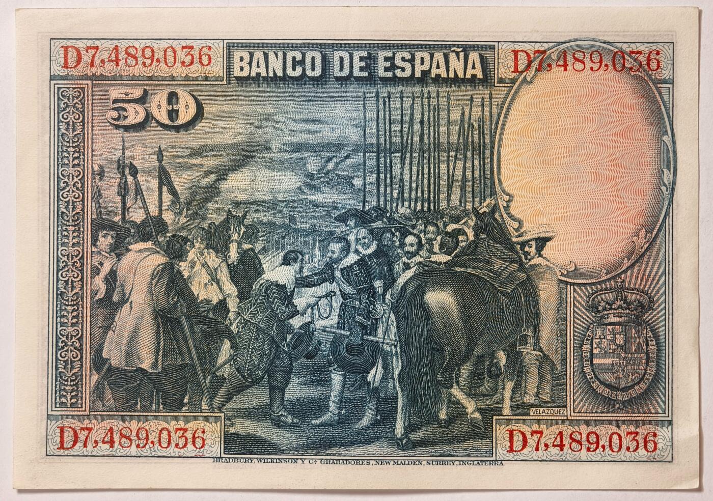 紫瑗钱币——第369期拍卖——纸币场 西班牙 1928年 油画《布雷达的献城》50比塞塔 UNC- 软折 (P-75b)
