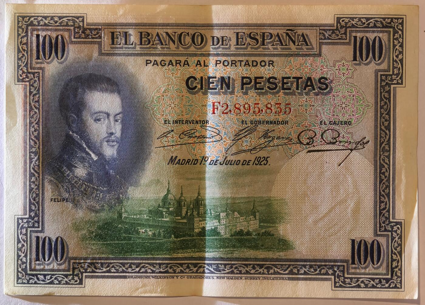 紫瑗钱币——第355期拍卖——纸币场 西班牙 1925年 油画《腓力二世的座椅》 100比塞塔 UNC- 软折