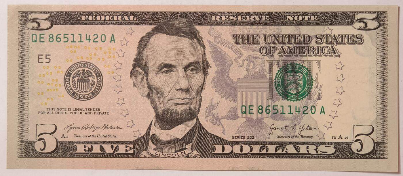 紫瑗钱币——第355期拍卖——纸币场 美国 2021年 E版 无序列 亚伯拉罕·林肯 5美元 彩色版 AU 软折
