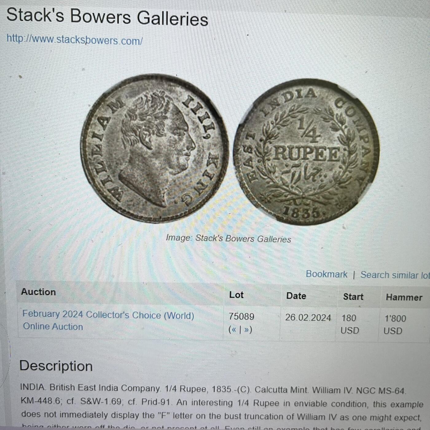 NGC-MS64 1835印度威廉四世1/4卢比银币季军完美品纸袋包浆