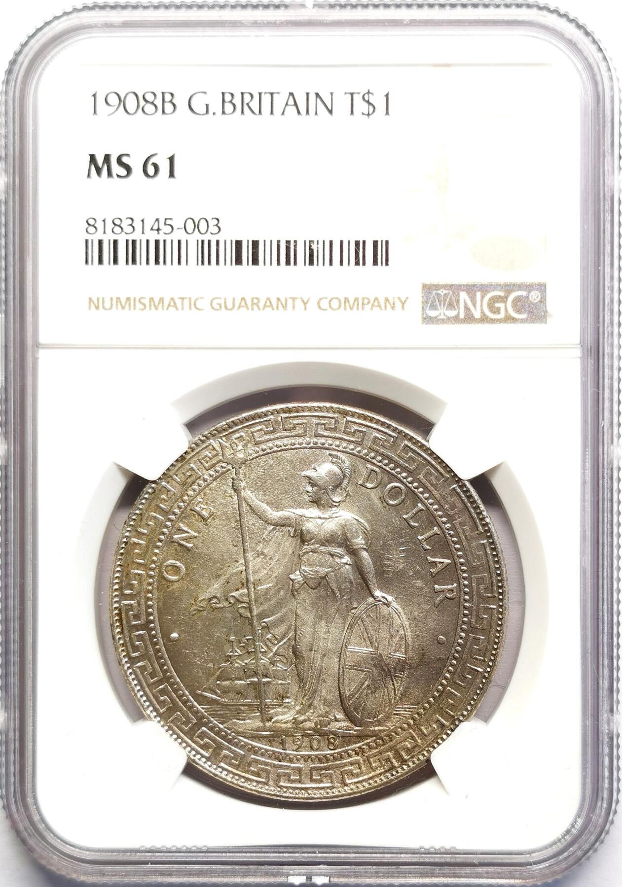 凡希社世界钱币微拍第二百七十期 1908B英国站洋港光壹元NGC-MS61，灰彩哑光！