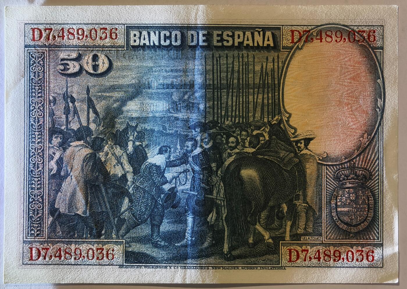 紫瑗钱币——第383期拍卖——纸币场 西班牙 1928年 油画《布雷达的献城》50比塞塔 UNC- 软折 (P-75b)