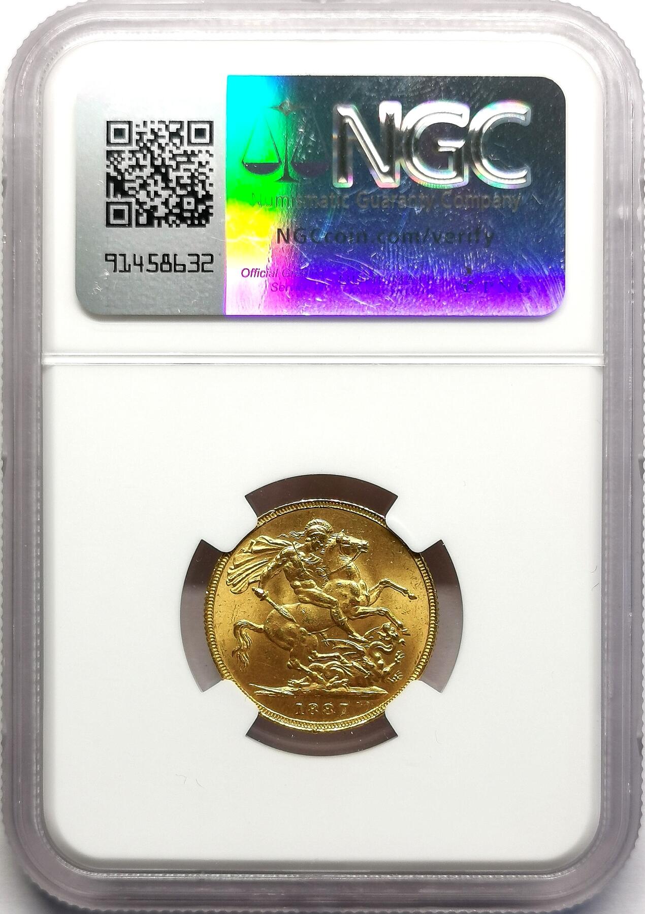 凡希社世界钱币微拍第二百七十期 荐！1887英国老维高冠索维林金币NGC-MS63，附原物主手迹信封一枚！