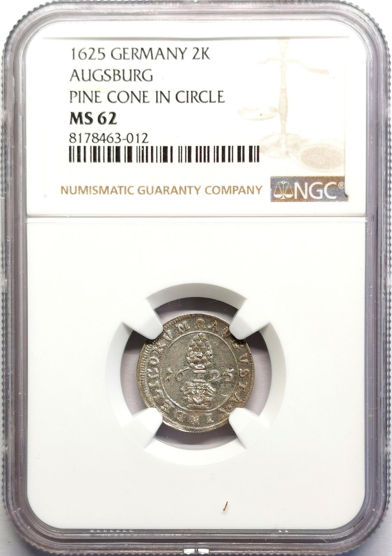 凡希社世界钱币微拍第二百七十期 1625神罗奥格斯堡自由市松果徽章2K银币NGC-MS62