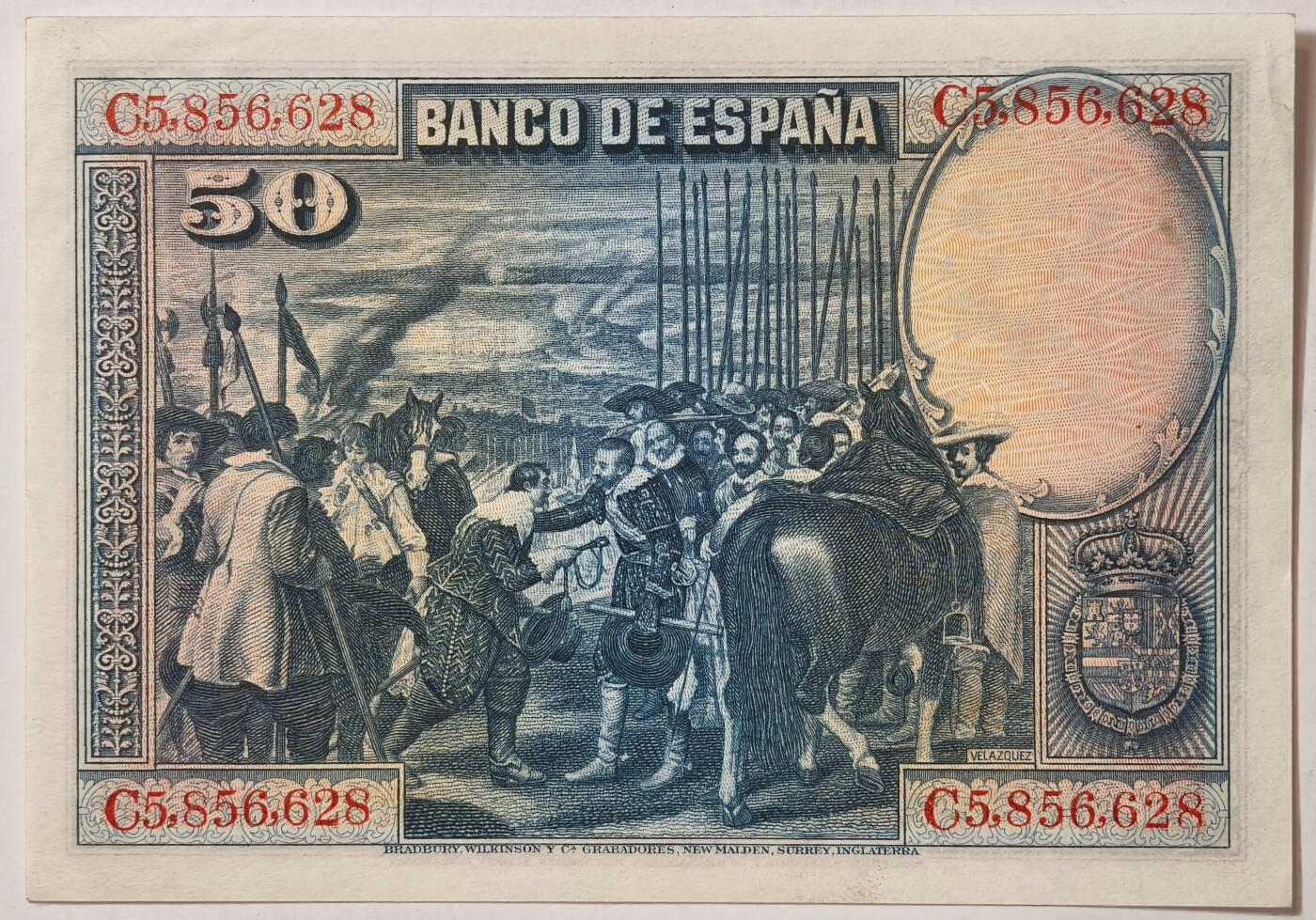 紫瑗钱币——第383期拍卖——纸币场 西班牙 1928年 油画《布雷达的献城》50比塞塔 UNC-  (P-75b)