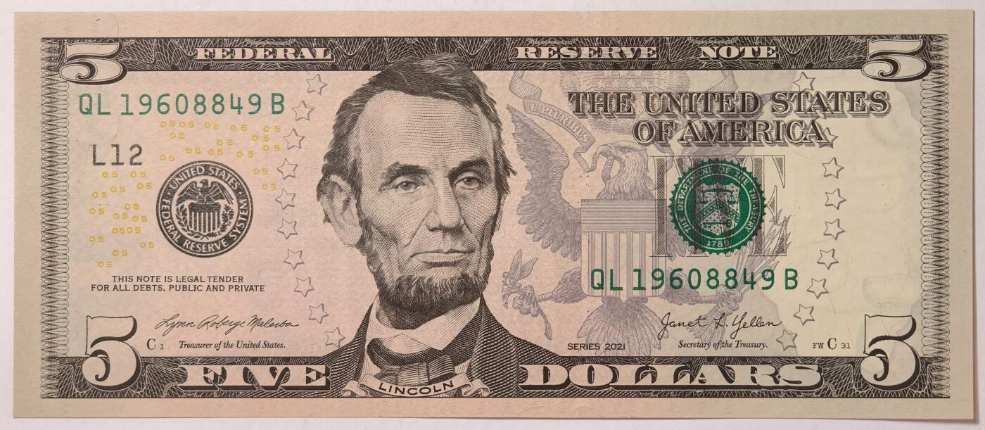 紫瑗钱币——第355期拍卖——纸币场 美国 2021年 L版 无序列 亚伯拉罕·林肯 5美元 彩色版 UNC