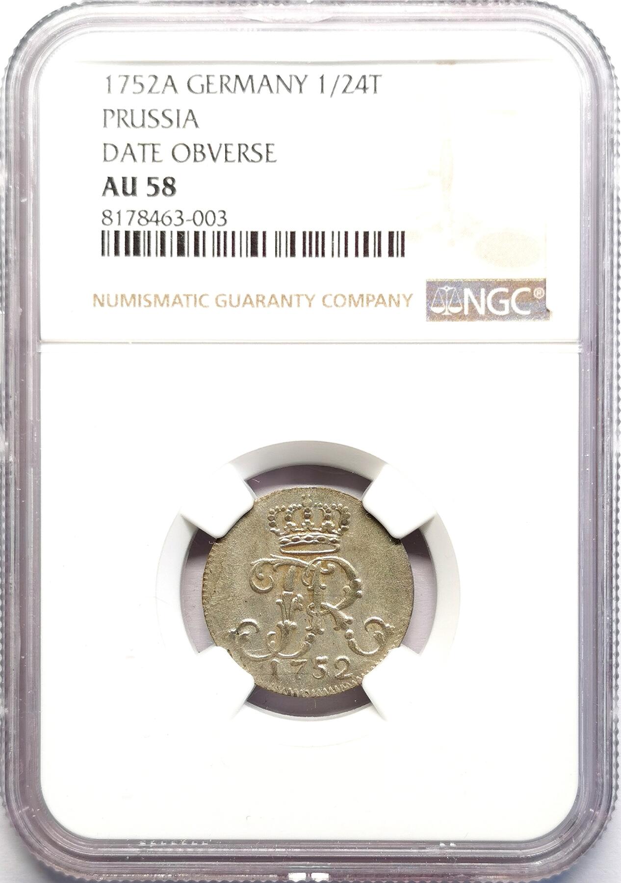 凡希社世界钱币微拍第二百七十期 1752A德国普鲁士1/24泰勒NGC-AU58