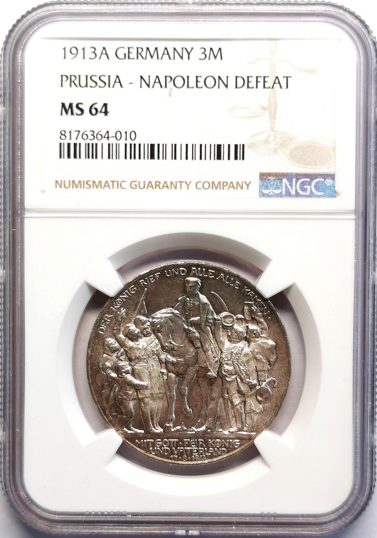凡希社世界钱币微拍第二百七十期 1913德国普鲁士3马克纪念银币NGC-MS64
