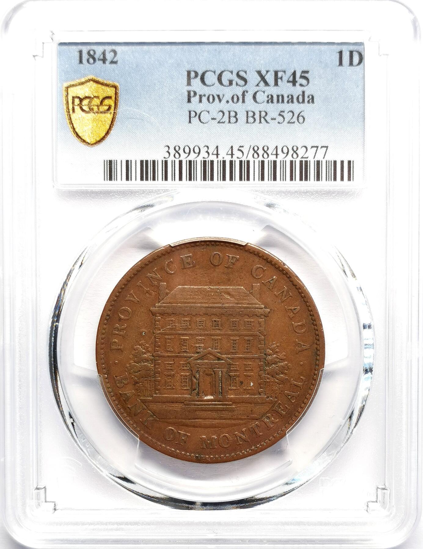 凡希社世界钱币微拍第二百七十期 1842蒙特利尔1便士银行代用币PCGS-XF45