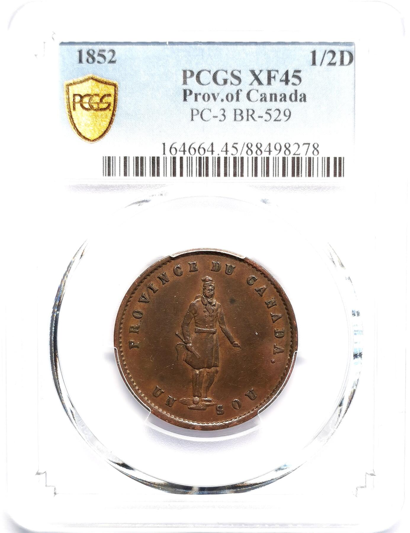 凡希社世界钱币微拍第二百七十期 1852魁北克1/2便士（Sol）银行代用币PCGS-XF45