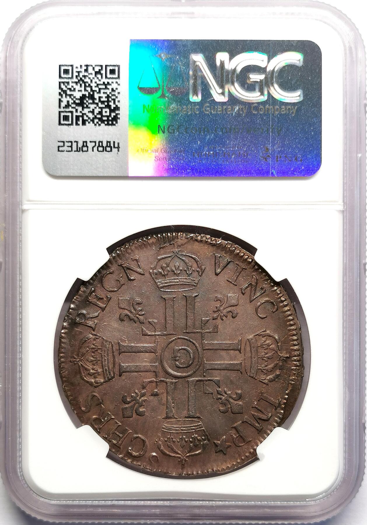 凡希社世界钱币微拍第二百七十期 荐！1691G法国太阳王路易十四埃居大银NGC-MS61普瓦捷厂，深色包浆全深打，无减重痕，侧光下泛出一抹钢蓝彩，典雅迷人！