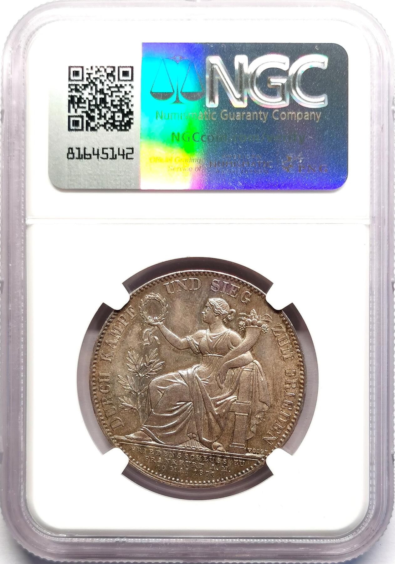 凡希社世界钱币微拍第二百七十期 1871德国巴伐利亚胜利泰勒NGC-MS62