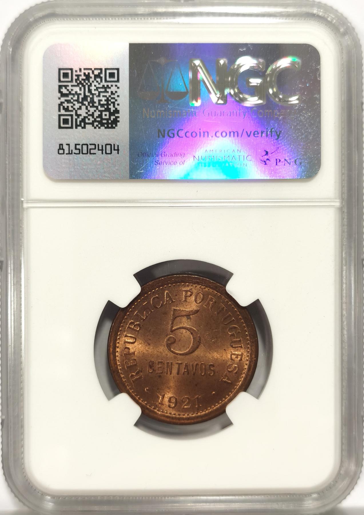 博洋堂世界钱币拍卖第078期（全场包邮） 亚军分NGC MS65RB 葡萄牙1921年地球仪5分铜币，更高分仅1枚，14年64RB分HA拍卖成交价105美金