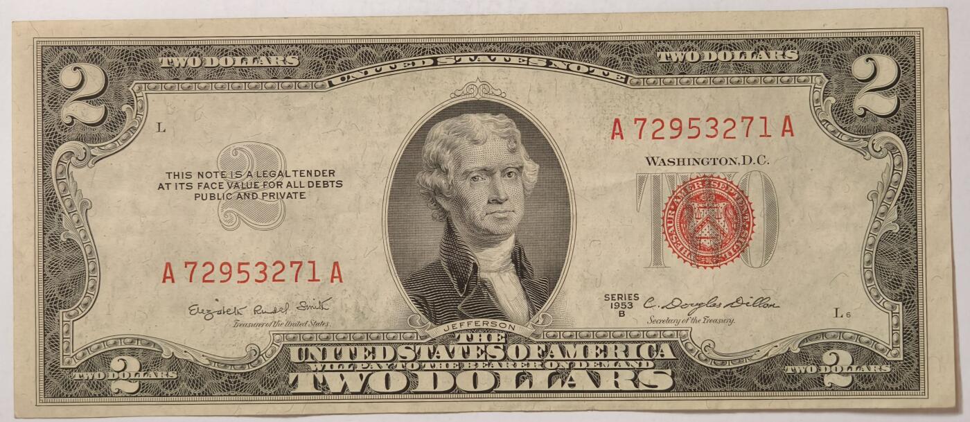紫瑗钱币——第355期拍卖——纸币场 美国 1953年 B序列 托马斯·杰斐逊 2美元 红印 政府券 AU