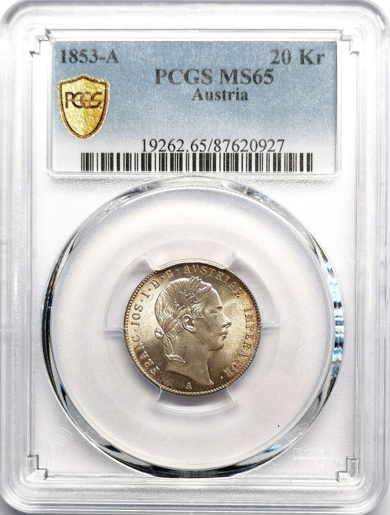 凡希社世界钱币微拍第二百七十期 1853A奥地利弗朗兹一世20K银币PCGS-MS65，黄光薄彩顶级品相！
