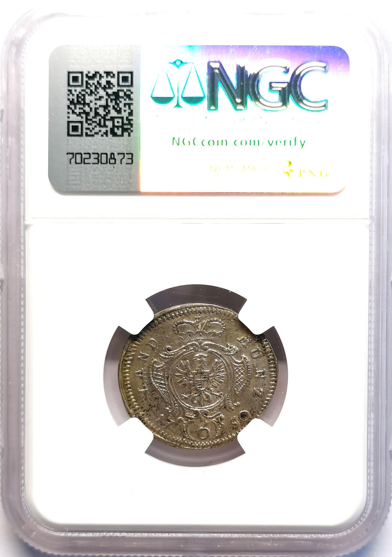 凡希社世界钱币微拍第二百七十期 1750德国勃兰登堡-安斯巴赫6K银辅币NGC-MS61，罕见高品！