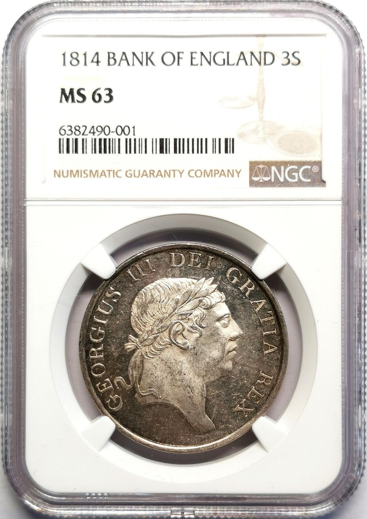 凡希社世界钱币微拍第二百七十期 荐！1814英格兰银行3先令大银NGC-MS63，人像面PL效果，银光质感强烈，视觉感相当漂亮的一枚！