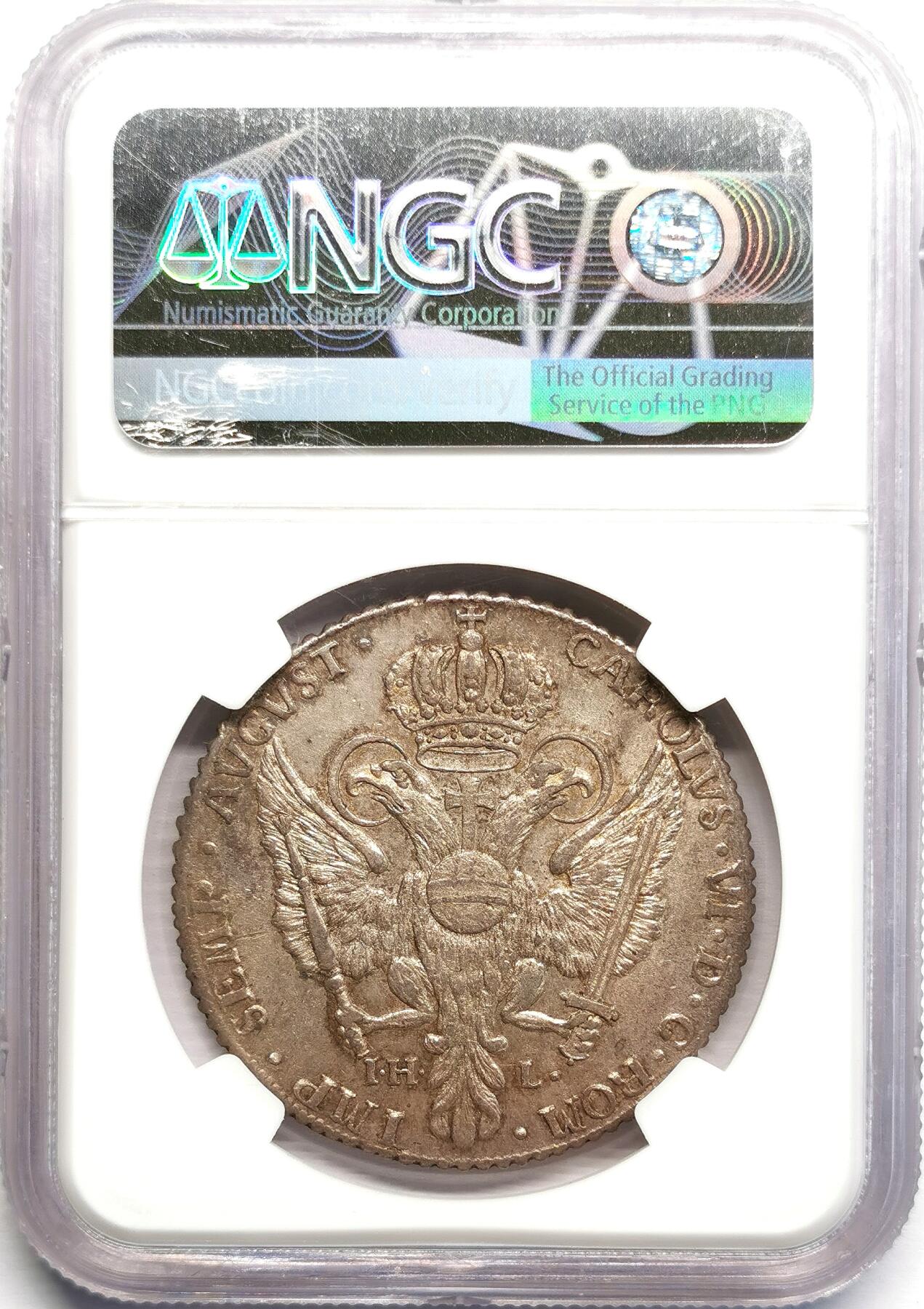 凡希社世界钱币微拍第二百七十期 1731IHL帝国自由市汉堡城徽与双头鹰32S大银NGC-MS61，暗金彩，略低评了！