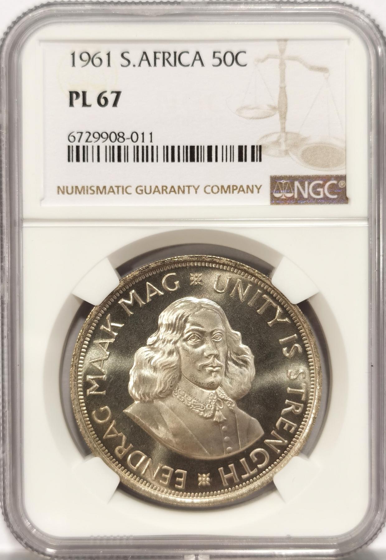 博洋堂世界钱币拍卖第078期（全场包邮） NGC PL67 南非1961年奔跑的跳羚50分大银币，极品高分