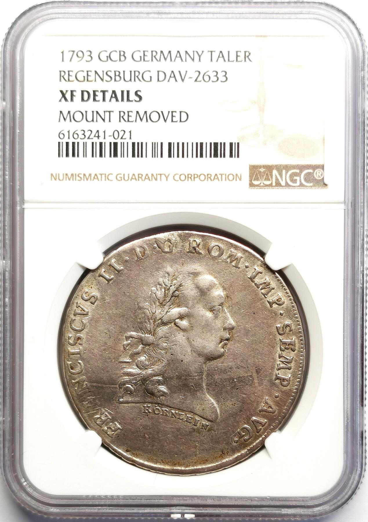 凡希社世界钱币微拍第二百七十期 1793雷根斯堡景观泰勒大银NGC-XFD挂环去除！