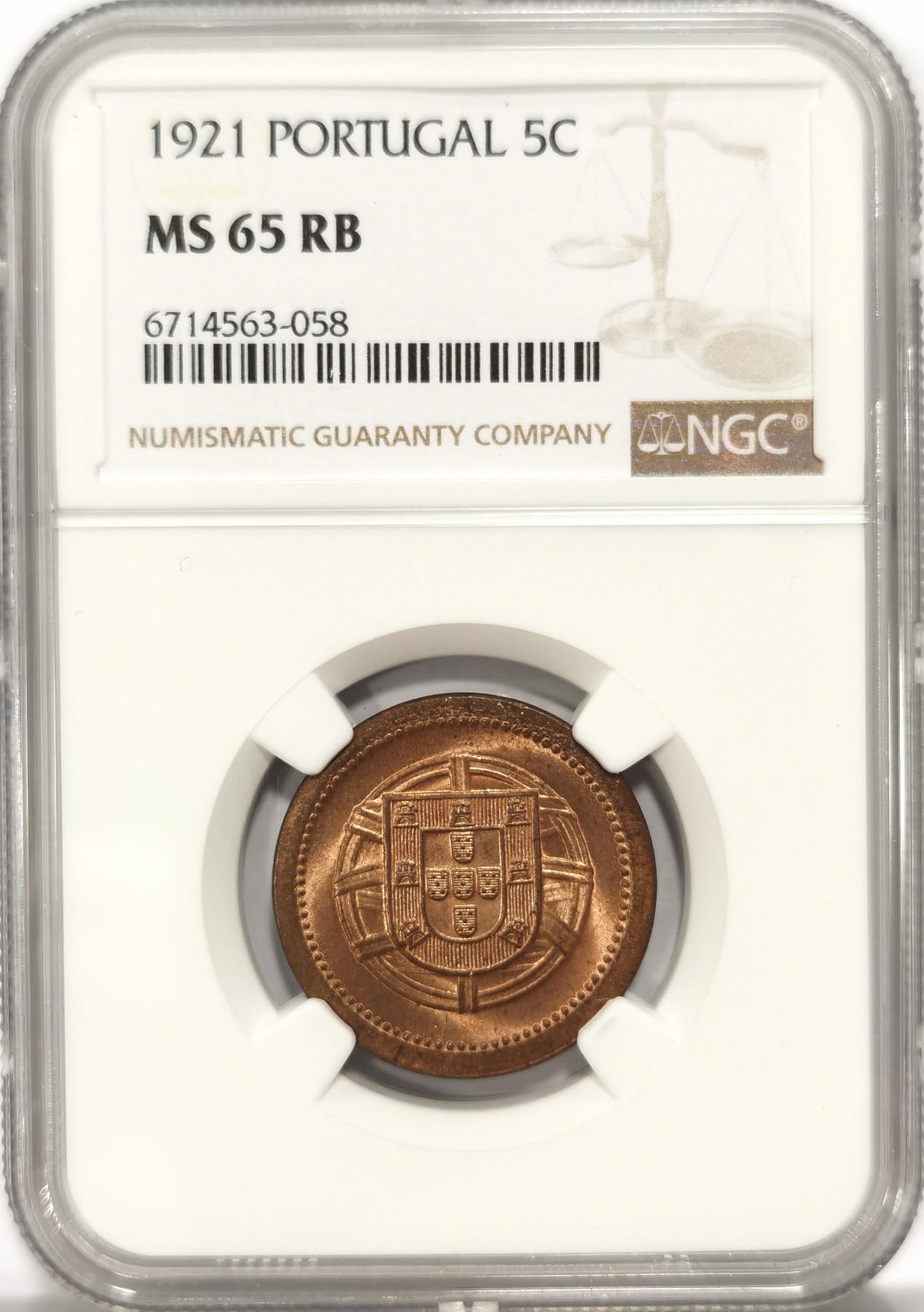博洋堂世界钱币拍卖第078期（全场包邮） 亚军分NGC MS65RB 葡萄牙1921年地球仪5分铜币，更高分仅1枚，14年64RB分HA拍卖成交价105美金