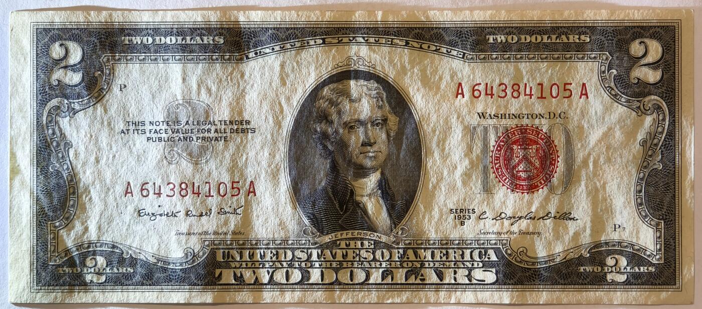 紫瑗钱币——第355期拍卖——纸币场  美国 1953年 B序列 托马斯·杰斐逊 2美元 红印 政府券 AU