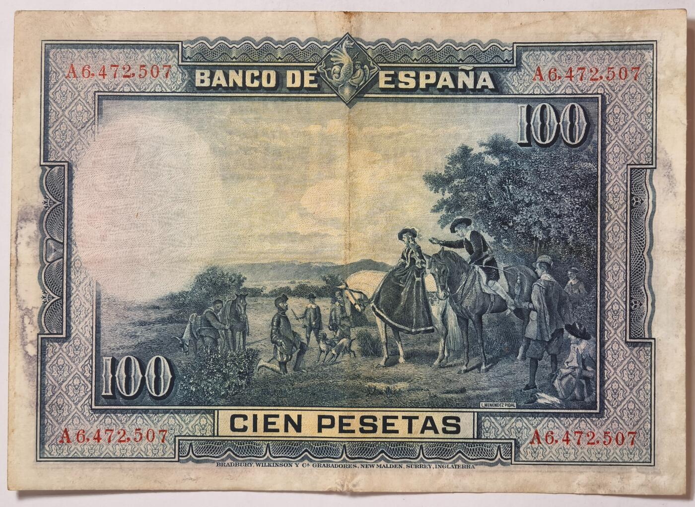 紫瑗钱币——第355期拍卖——纸币场 【A冠】西班牙 1928年 中央银行 油画《唐吉坷德》 100比塞塔 AU