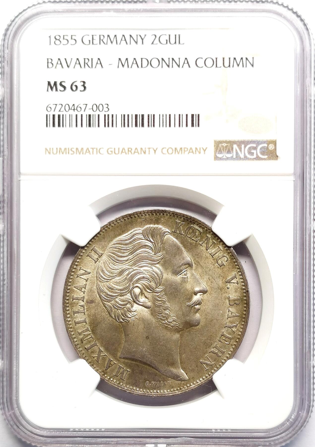 凡希社世界钱币微拍第二百七十期 1855德国巴伐利亚圣母柱2古尔登大银NGC-MS63，淡彩香槟金包浆！