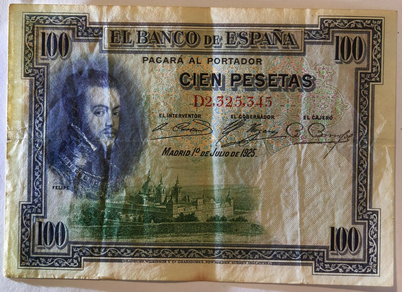 紫瑗钱币——第355期拍卖——纸币场 西班牙 1925年 油画《腓力二世的座椅》 100比塞塔 AU