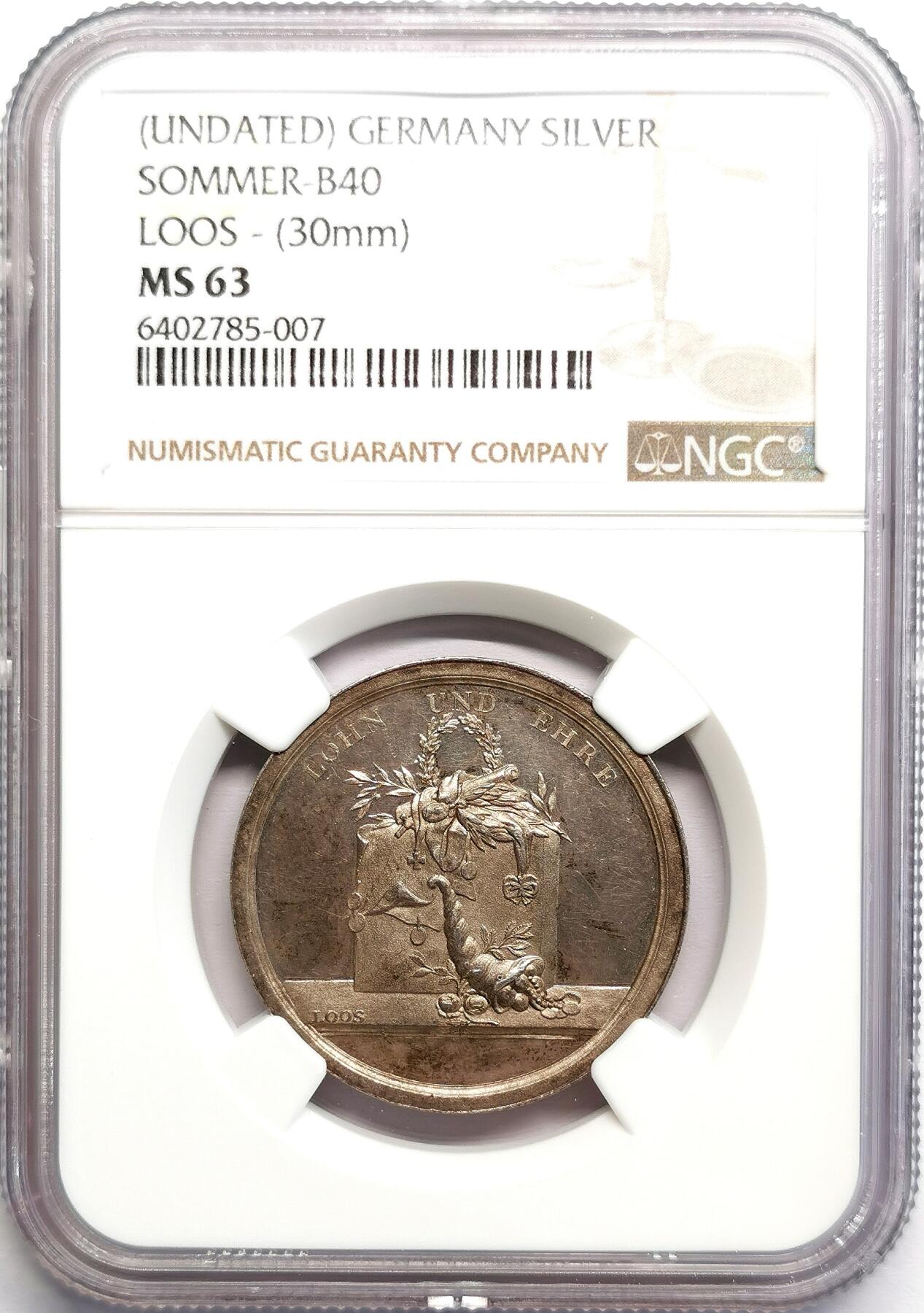 凡希社世界钱币微拍第二百七十期 十九世纪德国给孩子们的礼物纪念银章NGC-MS63，Loos作品，直径30mm。