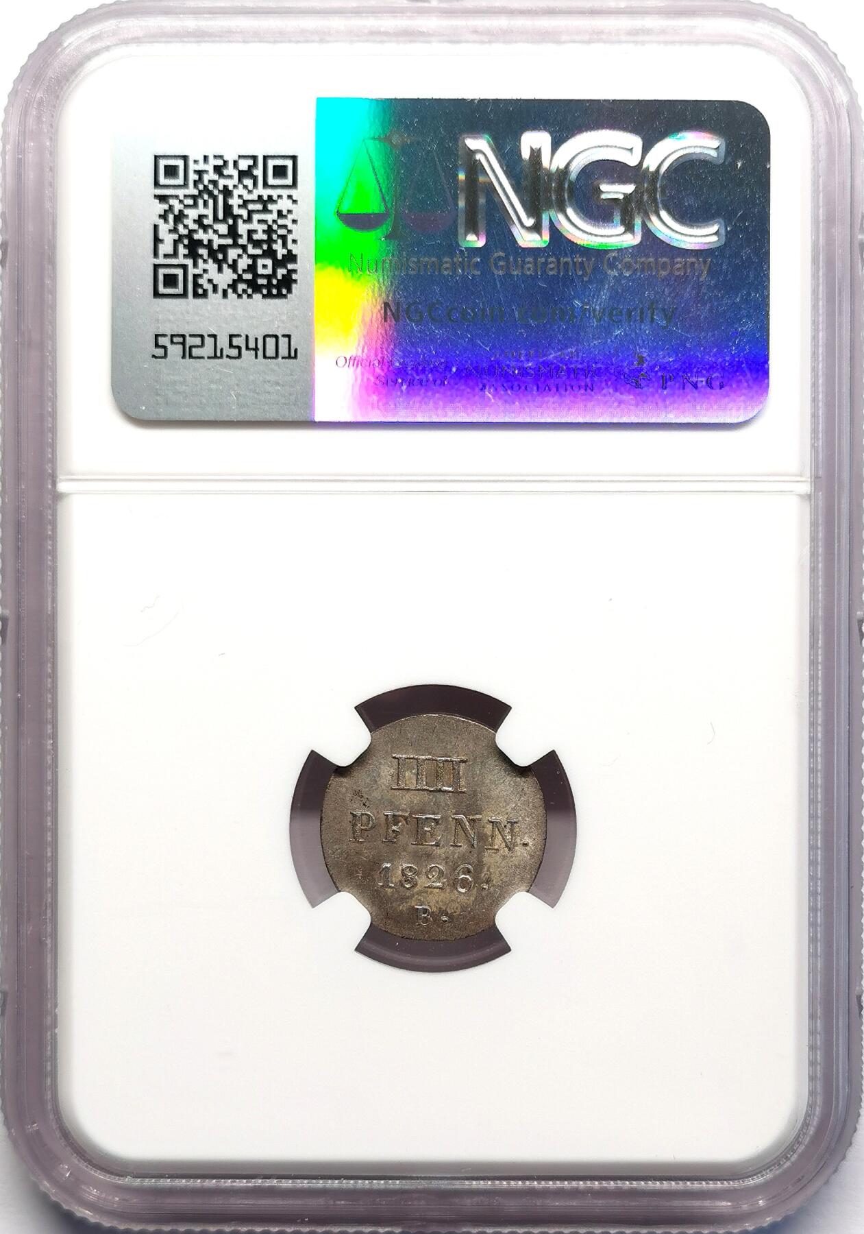 凡希社世界钱币微拍第二百七十期 1826B德国汉诺威4芬尼NGC-MS63