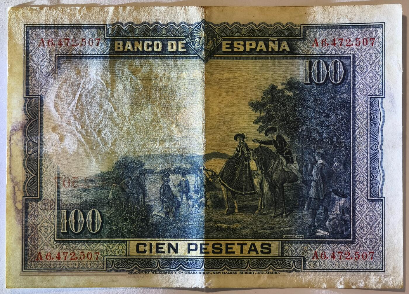 紫瑗钱币——第355期拍卖——纸币场 【A冠】西班牙 1928年 中央银行 油画《唐吉坷德》 100比塞塔 AU