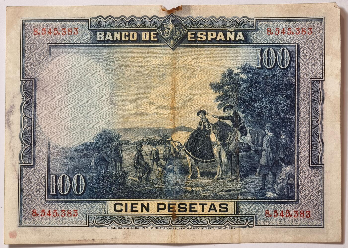 紫瑗钱币——第355期拍卖——纸币场 【数字冠】西班牙 1928年 中央银行 油画《唐吉坷德》 100比塞塔 AU 有缺口