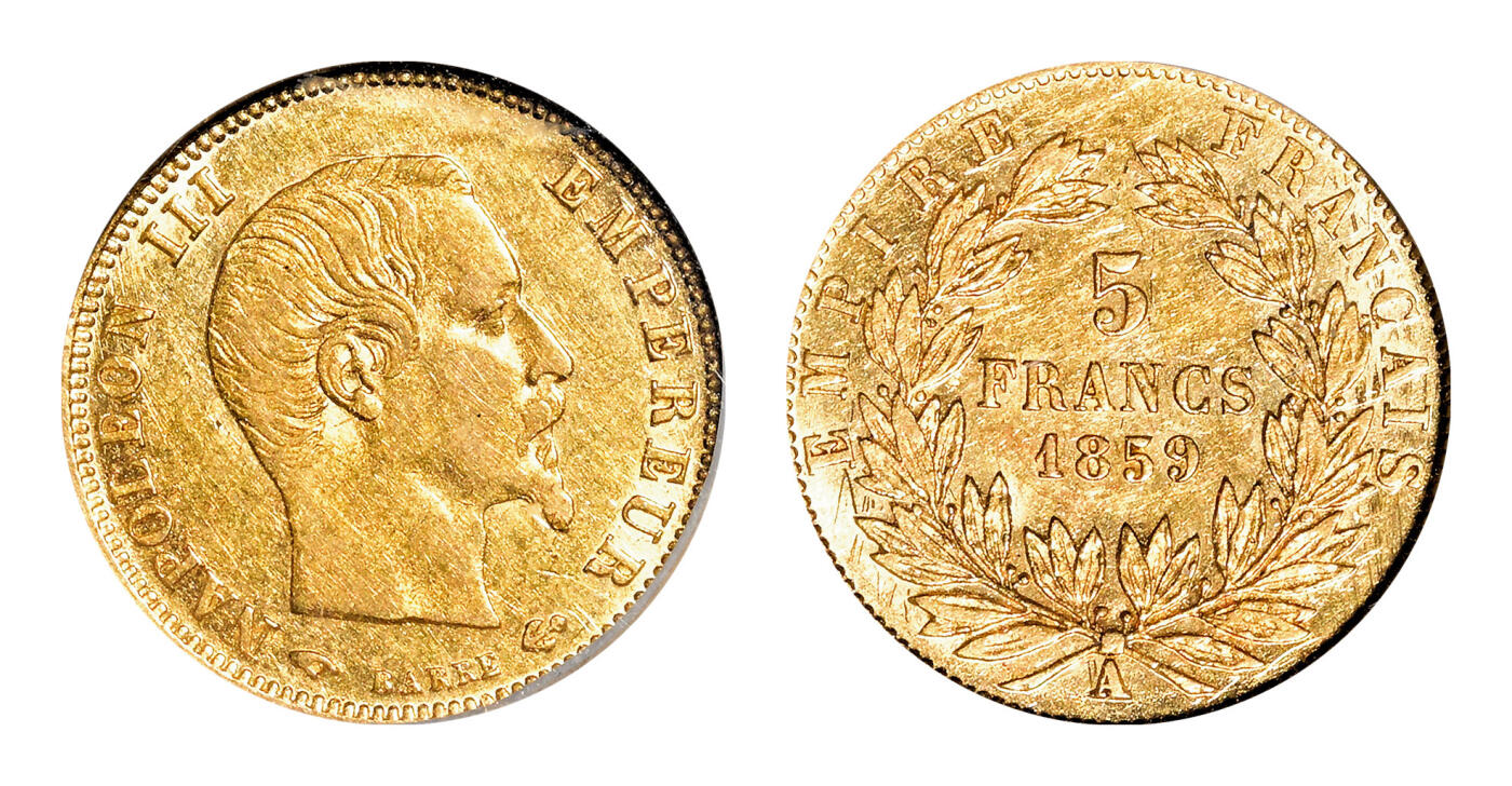宜和2024年春季拍卖会 金银锭&古钱专场&机制币专场 6月1日 1859年法国5FRANCS，拿破伦三世金币
