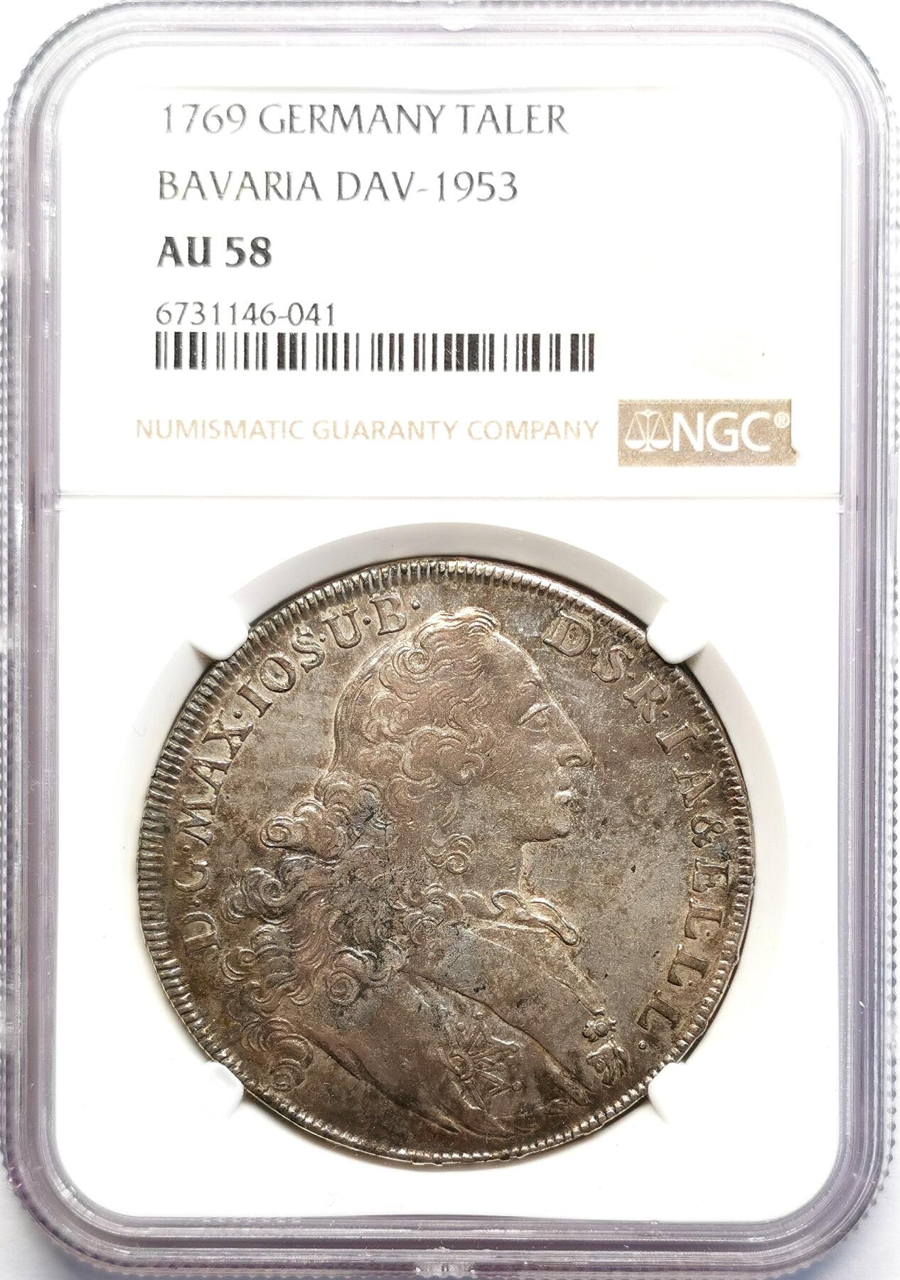 凡希社世界钱币微拍第二百七十期 1769德国巴伐利亚马克西米连圣母子泰勒大银NGC-AU58