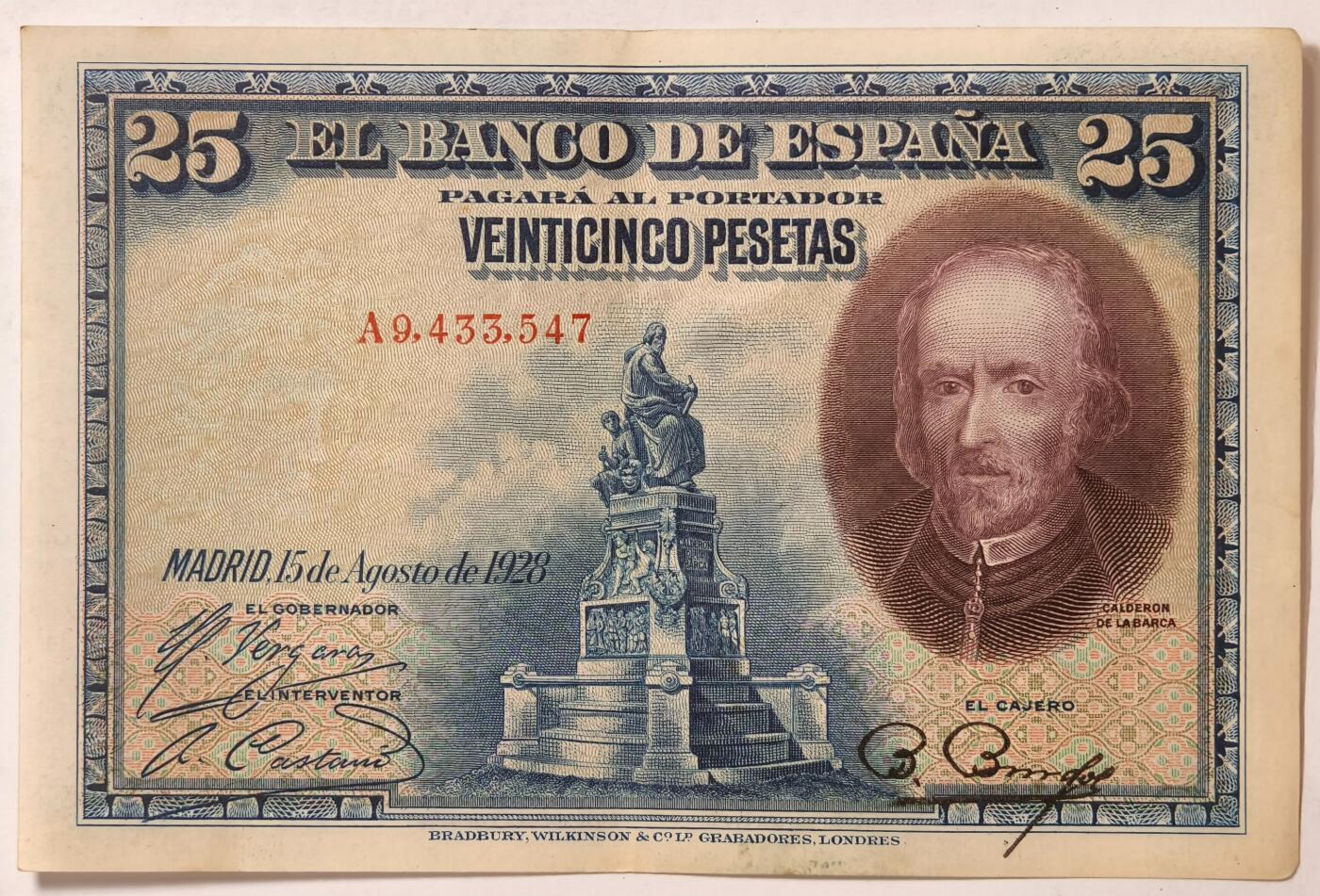 紫瑗钱币——第369期拍卖——纸币场 【A冠】西班牙 1928年 卡尔德隆 25比塞塔 AU