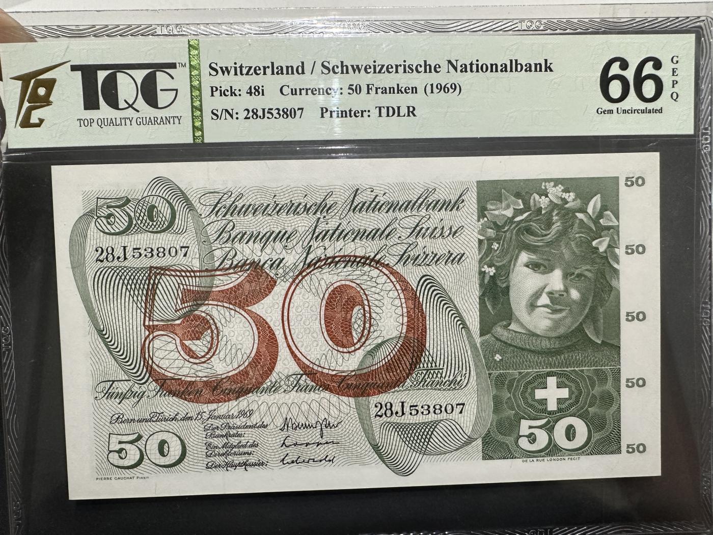 外钞收藏家》第三百七十二期 1969年瑞士50法郎 TQG评级66
