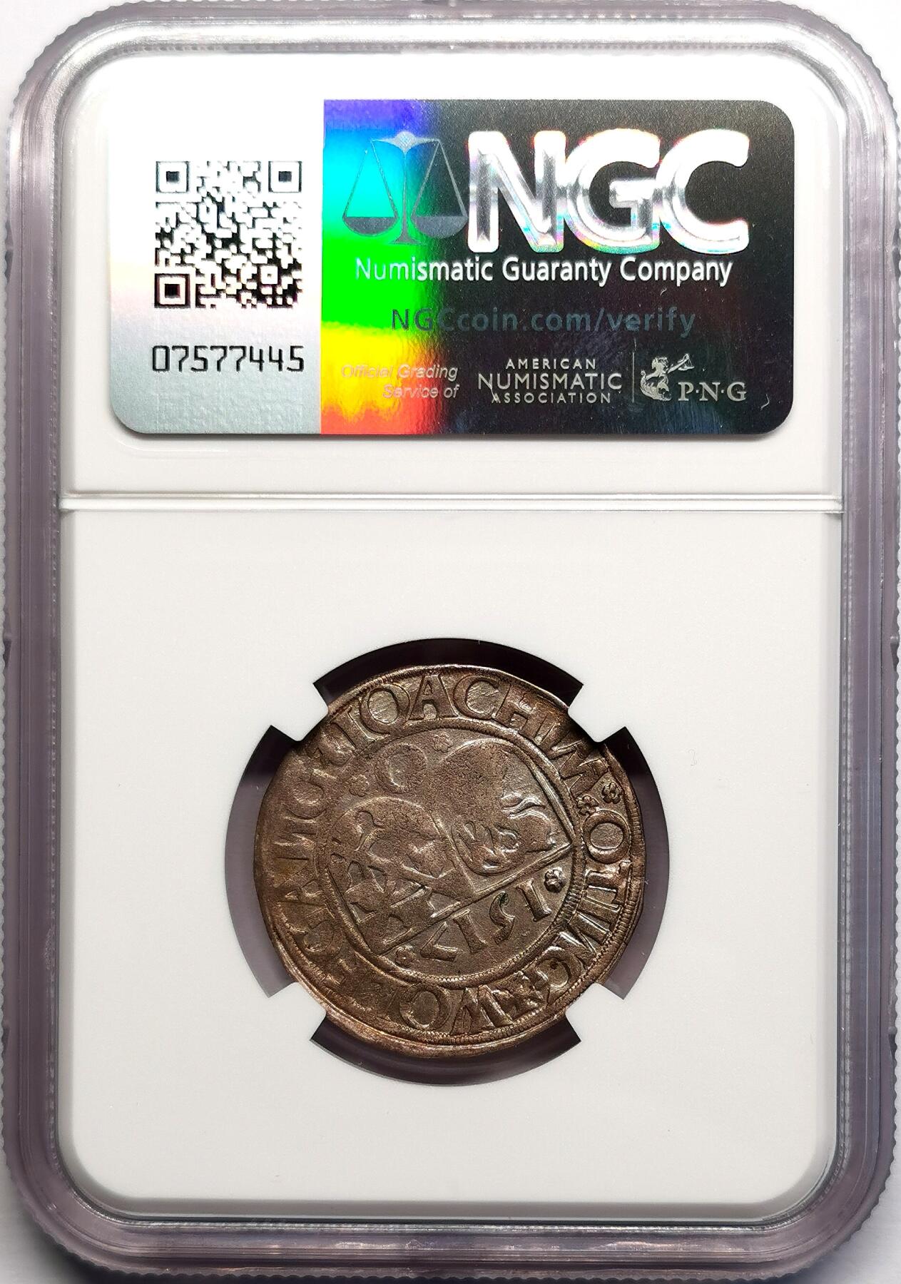 凡希社世界钱币微拍第二百七十期 1517德国厄廷根BATZEN银辅币NGC-AU55，灰彩，稀见品种！