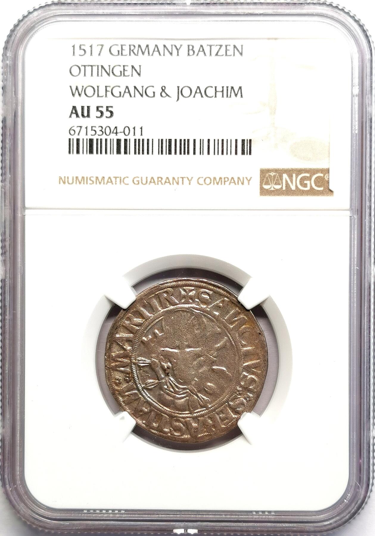 凡希社世界钱币微拍第二百七十期 1517德国厄廷根BATZEN银辅币NGC-AU55，灰彩，稀见品种！