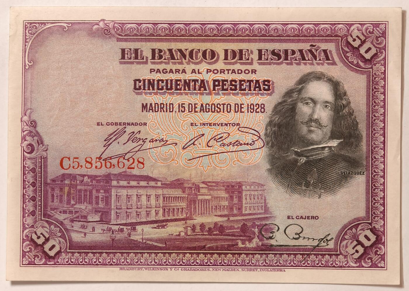 紫瑗钱币——第383期拍卖——纸币场 西班牙 1928年 油画《布雷达的献城》50比塞塔 UNC-  (P-75b)