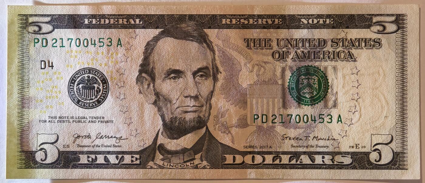 紫瑗钱币——第355期拍卖——纸币场 美国 2017年 D版 A序列 亚伯拉罕·林肯 5美元 彩色版 UNC