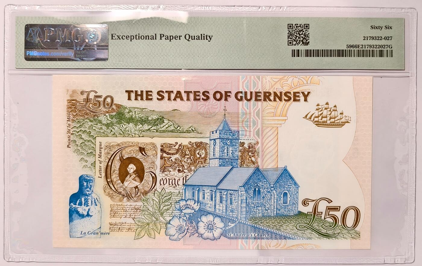 紫瑗钱币——第355期拍卖——纸币场 【首发A冠 PMG 66EPQ】格恩西 1994年 伊丽莎白二世 高冠 50磅 (P-59)