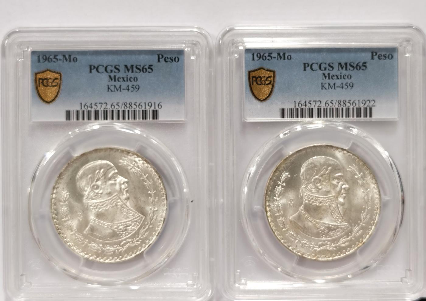 博洋堂世界钱币拍卖第078期（全场包邮） PCGS MS65 墨西哥1965年1比索鹰洋银币2枚一对1