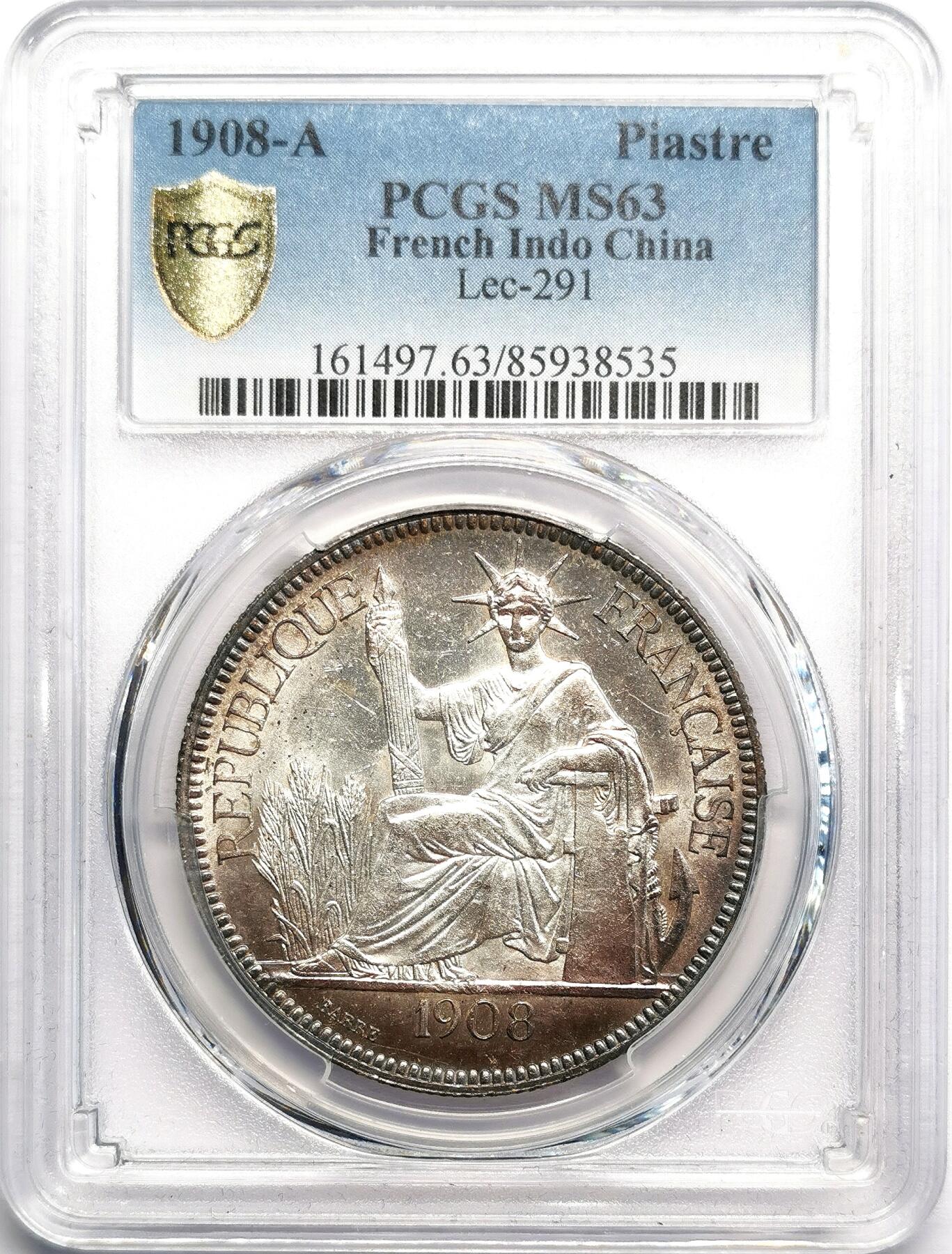 凡希社世界钱币微拍第二百七十期 荐！1908A法属印度支那皮亚斯特大银PCGS-MS63，霜面银光，环装紫金淡彩，底板状态尤其出色，以一当百的收藏级精品！